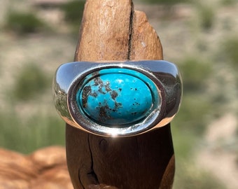 Mens Silver Turquoise Ring with 14 x 10 mm Kingman Turquoise Gemstone, Sterling Silver Jewelry, Stone Ring, Birthday Gift for Dad, Size 12