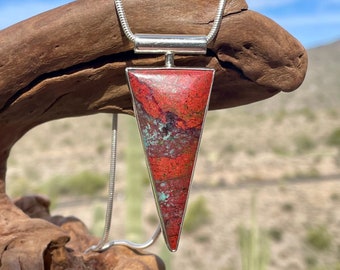 Artisan Sonora Sunrise Pendant, Triangular Green and Red Stone Pendant, Cabochon Pendant, Silver Pendant, Anniversary Gift for Wife