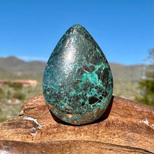 Puede incluir: Una piedra preciosa pulida en forma de lágrima con una matriz compleja de inclusiones en verde azulado profundo, verde bosque y marrón metálico oscuro. La superficie es lisa y reflectante, con un acabado brillante que resalta los patrones.
