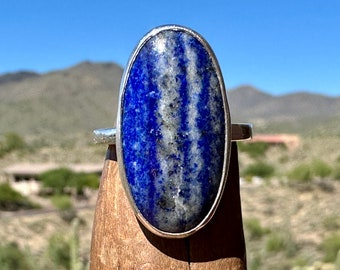 Artisan Lapis Lazuli Ring with 26.5 x 14.0 mm Gemstone, Lapis Sterling Silver Ring, 9th Anniversary Gift for Wife