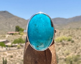 Artisan Oval Turquoise Ring with Turquoise Gemstone, Sterling Silver Jewelry, American Made Ring, 11th Anniversary Gift for Wife, Size 7