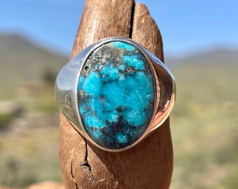 Turquoise Ring Men, Blue Stone Ring, 18 x 13 mm Morenci Turquoise Ring, Mens Silver Ring, Birthday Gift for Boyfriend, Size 12