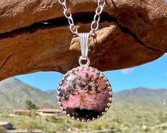 Colorado Rhodonite Pendant with 20 mm Black and Pink Cabochon Gemstone, Sterling Silver Jewelry, Pink Stone Pendant, Birthday Gift for Mom