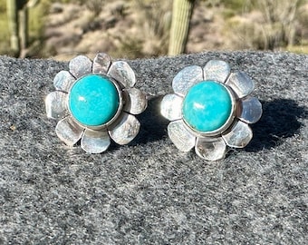 Kingman Turquoise Flower Earrings with 10 mm Cabochons, Genuine Turquoise Stud Earrings, Sterling Silver Jewelry, Christmas Gift for Wife