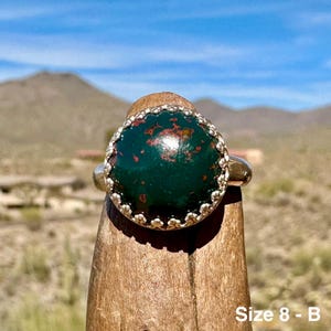 Green Bloodstone Ring: Sterling Silver Jewelry with 14 mm Round Heliotrope Gemstone, March Birthstone