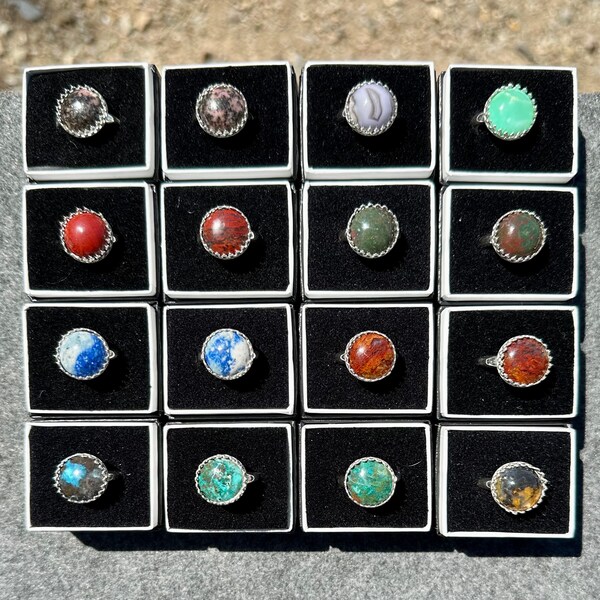 Choose Your Gemstone Ring, Silver Ring with 14 mm Agate, Jasper, Rhodonite, Lapis Lazuli, Chrysocolla or Other Gemstone, Sizes 6, 7, 8 or 9