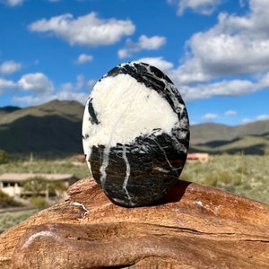 Large White Buffalo gemstone on a piece of wood with the Arizona desert and sky in the background. The gemstone is patterned in about 50% black and 50% white.