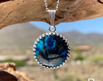Sonora Shattuckite Pendant with 20 mm Gemstone, Sterling Silver Jewelry, Blue Pendant, 40th Birthday Gift for Best Friend
