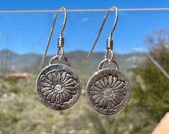 Arizona Wildflower Stamped Earrings (Brittlebush), 1/2" Circle Dangle or Stud / Silver or Copper Earrings, Birthday Gift for Girlfriend