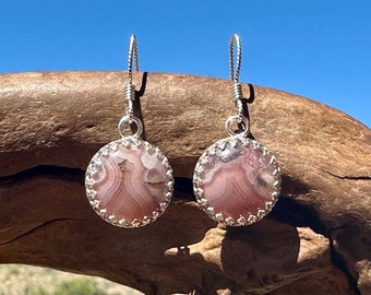 Pink Agate Earrings with 14 mm Gemstones, Sterling Silver Jewelry, Mauve Laguna Agate Dangle Earrings, 39th Anniversary Gift for Wife