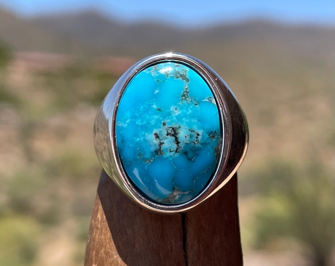 Mens Turquoise Ring With 18x13 Mm Kingman Turquoise Gemstone, Sterling