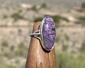 Charoite Ring with 24x10 mm Oval Gemstone, Sterling Silver Jewelry, Purple Ring, Birthday Gift for Girlfriend, Size 6