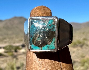 Mens Silver Turquoise Ring, Rectangular Stone Ring with 13x11 mm Morenci 2 Turquoise, 11th Anniversary Gift for Husband, Size 9 Full