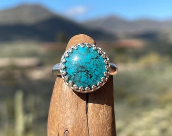 Kingman Turquoise Ring, 14 mm Real Turquoise Ring, Stone Ring, Sterling Silver Ring, Birthday Gift for Friend, Size 8