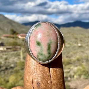 Wyoming Jade Ring with 18 x 13mm Pink and Green Gemstone, Sterling Silver Jewelry, Signet Style Ring, 12th Anniversary Gift for Wife, Size 8