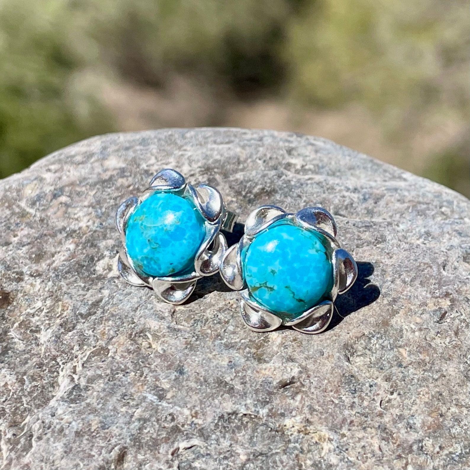 Genuine Turquoise Stud Earrings Blue Stone Earrings With 10 Etsy