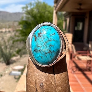 Mens Kingman Turquoise Ring: Sterling Silver Signet, Size 9