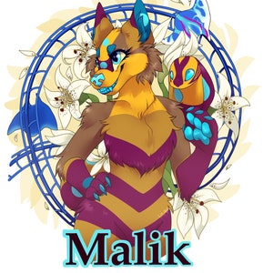 May include: A colorful illustration of a furry, yellow, purple, and blue animal with a blue and white butterfly and white flowers. The animal is standing on its hind legs and has a friendly expression. The text "Malik" is written below the animal.