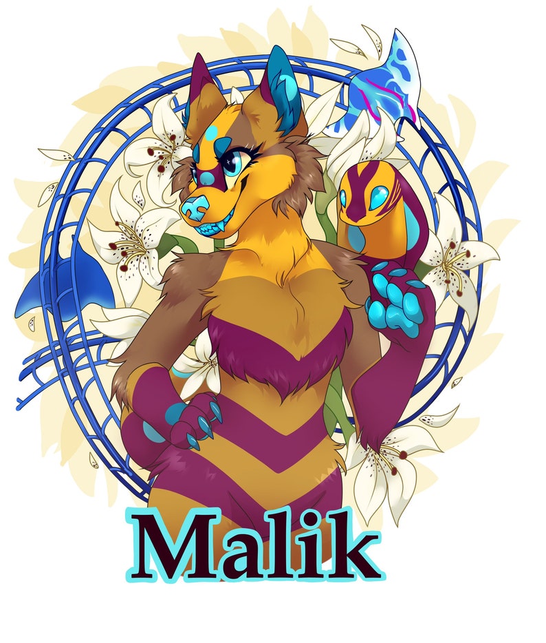 May include: A colorful illustration of a furry, yellow, purple, and blue animal with a blue and white butterfly and white flowers. The animal is standing on its hind legs and has a friendly expression. The text "Malik" is written below the animal.