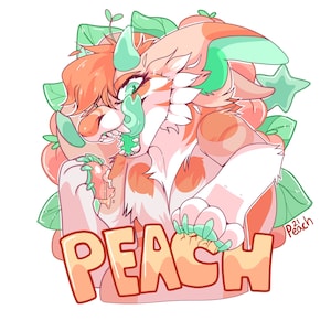 May include: A cartoon peach-colored creature with green accents is biting into a peach. The creature has a mischievous expression and is surrounded by green leaves and peach-colored fruit. The word "PEACH" is written in large, peach-colored letters below the creature.
