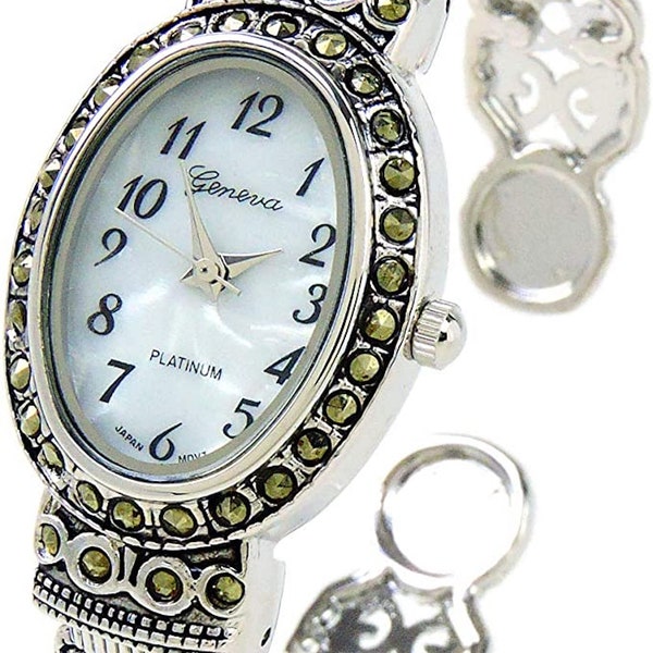 Silver Black Vintage Style Marcasite Crystal 23mm Oval Face Women's Bangle Cuff Watch