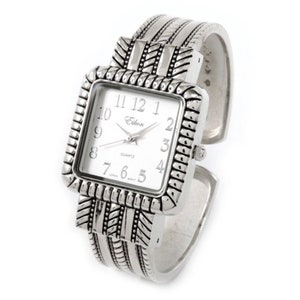 Silver Metal Western Style Decorated Square Face Women's Bangle Cuff Watch