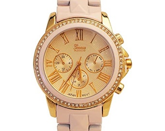 Geneva-Women's 34mm Round CZ Dial with Stainless Steel Band