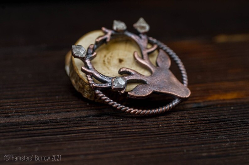 Herkimer quartz pendant forest pendant raw stone pendant electroformed pendant copper pendant raw diamond pendant deer pendant