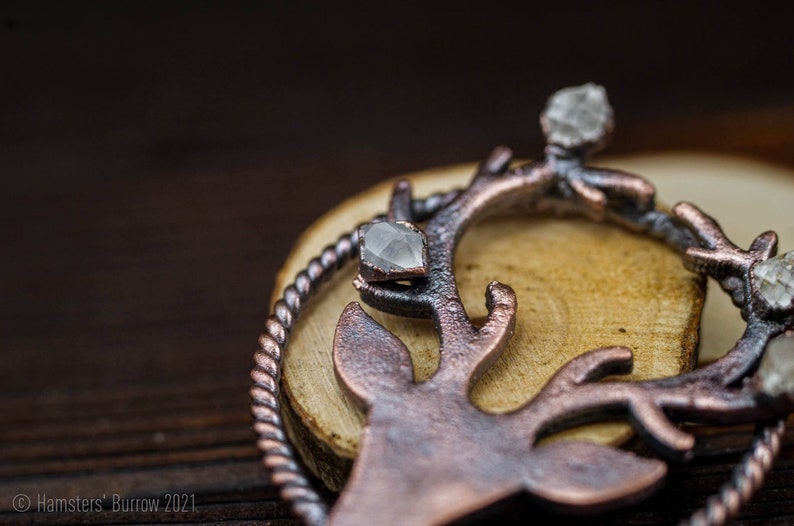 Herkimer quartz pendant forest pendant raw stone pendant electroformed pendant copper pendant raw diamond pendant deer pendant