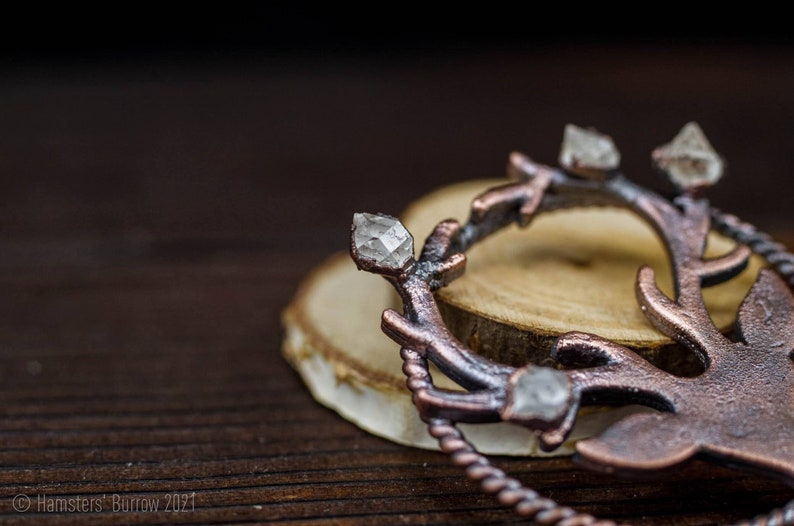 Herkimer quartz pendant forest pendant raw stone pendant electroformed pendant copper pendant raw diamond pendant deer pendant