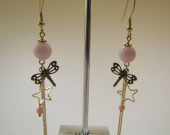 boucles d'oreille , étoile et libellule , rose et or