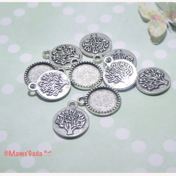 Lot de 10 Pendentifs Supports cabochons rond Motif Arbre pour cabochon  Ø 14mm REF:CA/53