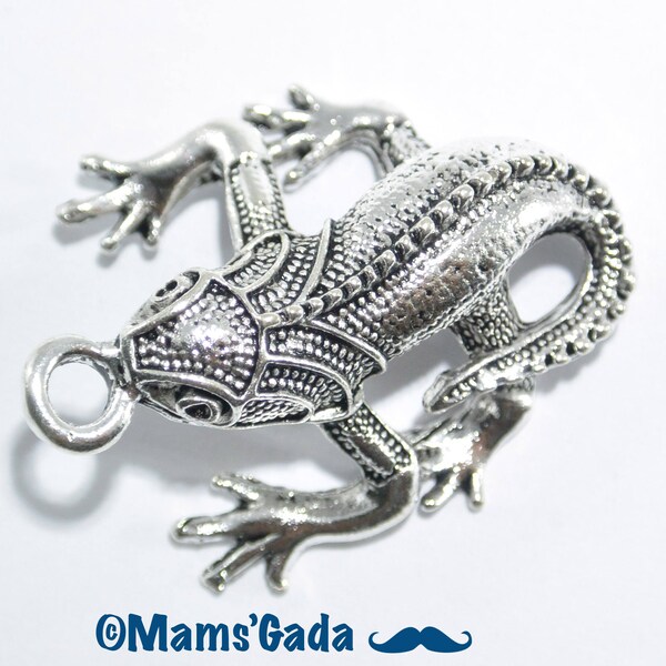 Pendentif lézard/Breloque Lézard Gecko Reptile couleur métal argenté REF:2/63