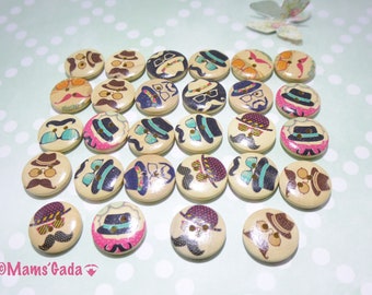 Set of 28 wooden sewing/Scrapbooking buttons HIPSTER Collection / Mustache hat random mix REF:BO/16