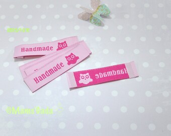 40 Gewebte Etiketten zu Nähen "Hand Made" Eule-Muster 60x15mm Fuchsia Schrift auf hintergrund rosa ref: CO/01A