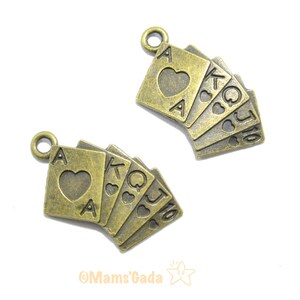 Lot de 4 breloques/pendentif/charms Jeu de Carte Poker Quinte Flush Royale couleur Bronze REF:B/129