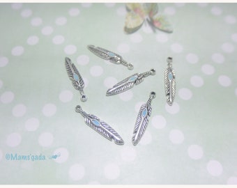 Lot of 6 charms/pendant Motif Feather Silver Metal and turquoise color REF:2/18