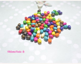 Lot de 100 perles en bois ovales intercalaires  / olives multicolore 6 mm x 4 mm REF:PE/07