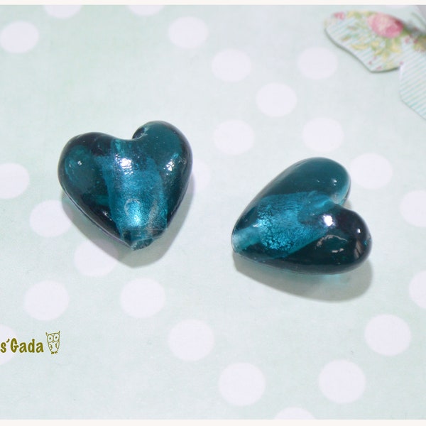 Lot de 2 Perles de verre  Coeur 20mm bleu vert  REF:PE/12D