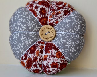 Floral // handmade // pin cushion // multi coloured // grey, brown and green