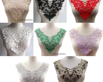 Lace Collar Neckline Bib, Lace Flower / Black, White, Beige, Champagne, Green ** 34 x 35 cm ** Sew-on Applique - CD016
