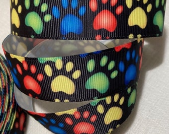 Printed grosgrain ribbon, ANIMAL PRINT PAW, Cat Dog, Rainbow ** 22 mm ** sold by the meter