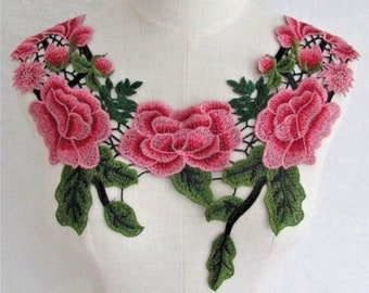 Col dentelle plastron fleur et Feuille brodée / TON ROSE ** 40 x 34 cm ** Applique à coudre - CD154