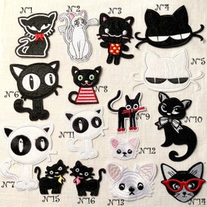 Peut inclure: Collection de patchs brodés sur le thème des chats. Les patchs présentent des chats noirs, blancs et gris avec divers accessoires comme des nœuds et des lunettes. Chaque patch est numéroté, offrant une variété de motifs félins.