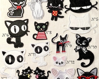 Iron-on embroidered patch badge - BLACK WHITE CAT - your choice
