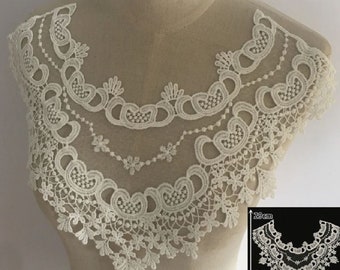 Col Dentelle, Plastron Fleur brodée et voile / BLANC ** 38 x 29 cm ** Applique à coudre - CD194