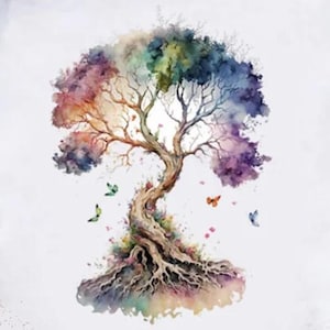 Può includere: Un dipinto ad acquerello di un albero colorato con un tronco spesso e radici. L'albero presenta una varietà di colori, tra cui rosa, viola, blu, verde e arancione. Ci sono diverse farfalle che volano intorno all'albero.