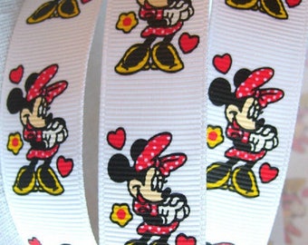 Printed grosgrain ribbon ** 22 mm ** Minnie Mouse Red Heart Cartoon - sold by the meter