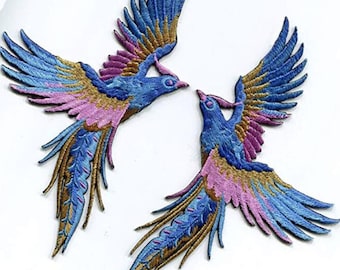 Patch badge, Symmetrical PHOENIX BIRDS ** 9 x 16 cm ** Iron-on embroidered applique, Iron-on applique
