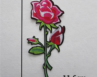 Grand Écusson - FLEUR ROSE sur TIGE ** 11,6 x 27 cm ** patch brodé thermocollant - Applique à repasser